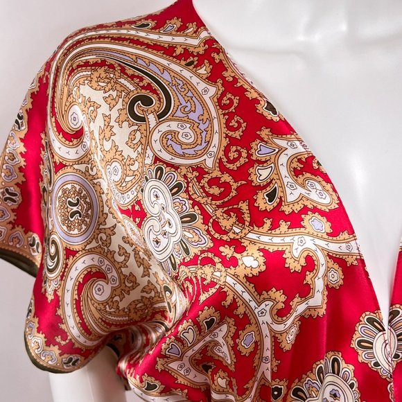 CAbi Silk Red Paisley Kimono Tie Front V Neck Short Flutter Sleeve Top Small EUC - Picture 5 of 7